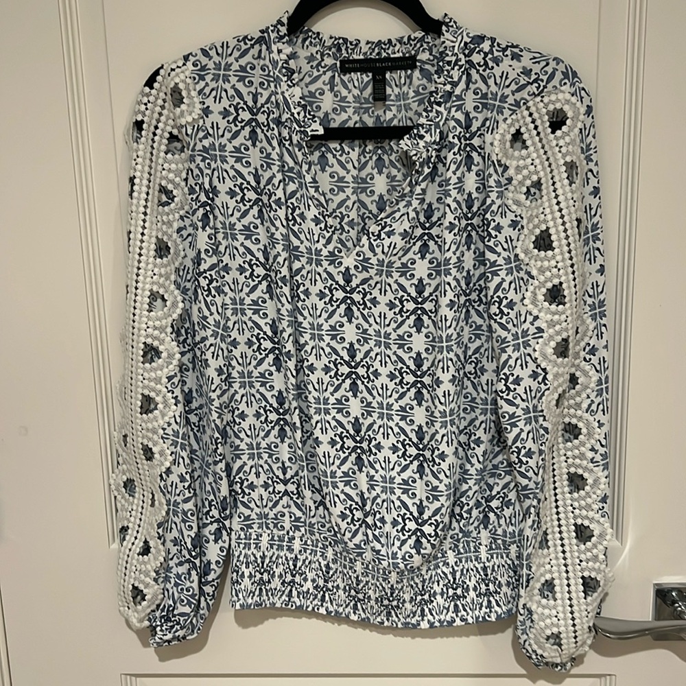 White House, black market, blue and white blouse